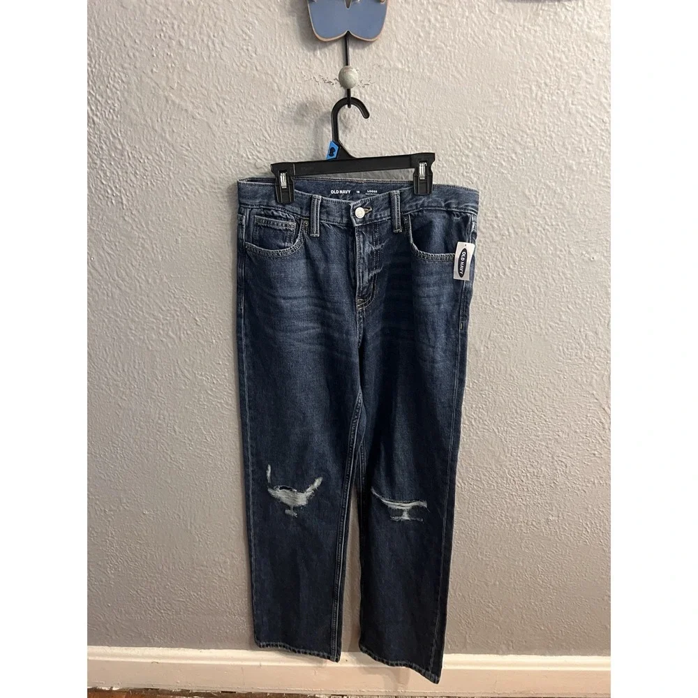 Old Navy Loose Denim Blue Jeans Girl's Size 16 Adjustable Waist